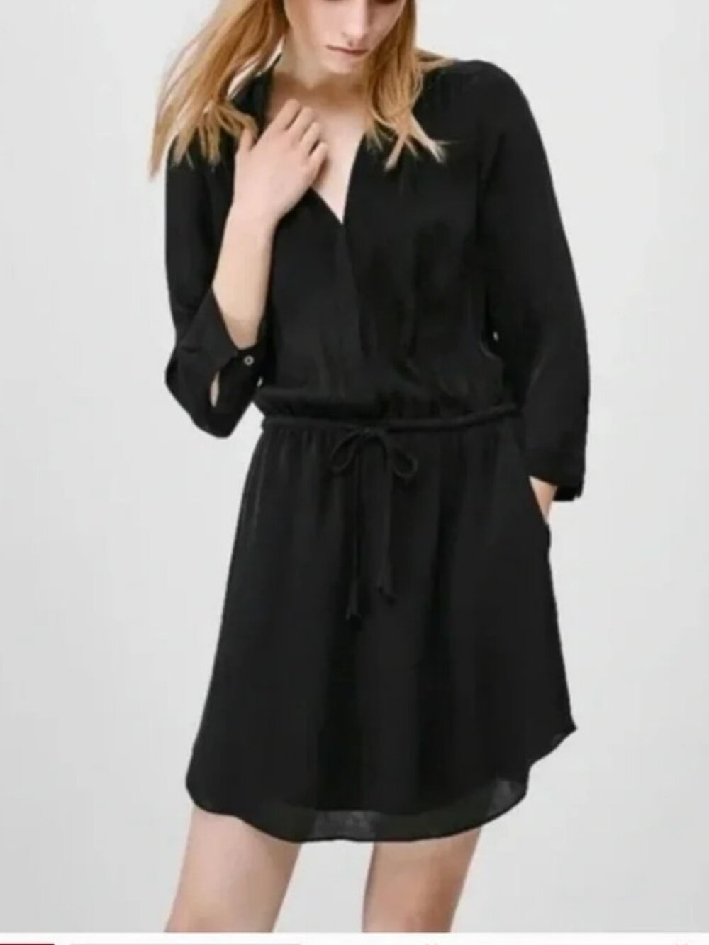 ARITZIA BABATON Black Bennett Silk Drawstring Waist Shirtdress
